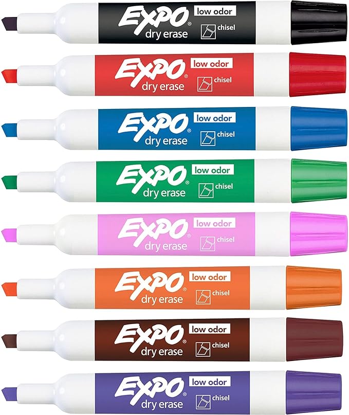 EXPO Low Odor Dry Erase Markers, Chisel Tip, Assorted Colors, 8 Count