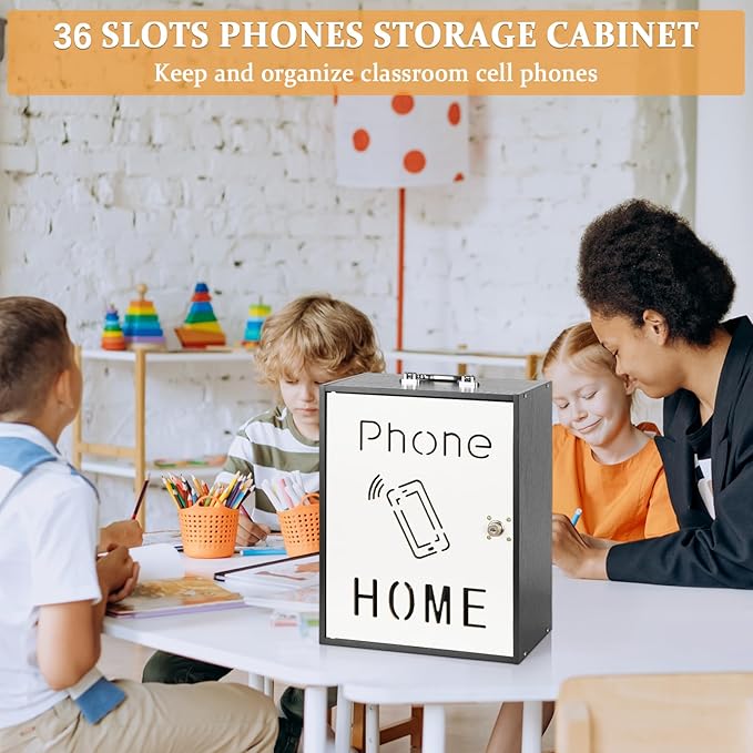 Cell Phone Holder Classroom 36 Slots Wooden Cell Phone Storage Cabinet Pocket Chart with Handle and Security Lock for Classroom Office (36 Grid Cabinet Black)