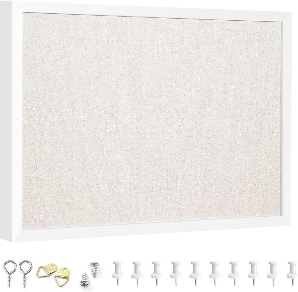OWLKELA 13.3"x17.7" inch Bulletin Board with Linen, White Wood Style Frame, with 10 Pushpins, Linen Cork Board, Ideal for School, Home & Office