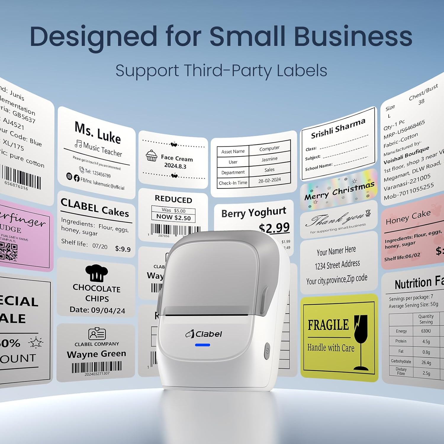 CLABEL Thermal Label Maker Machine: 221B Bluetooth Label Printer Mini Sticker Barcode Printer Inkless Label Maker Compatible with Clothing Price Labeling with 1 Roll of 50x30mm Label(Gray White)