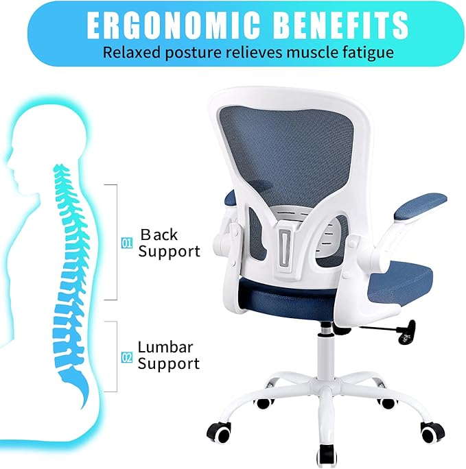 Flysky Ergonomic Office Desk Chair Breathable Mesh Swivel Computer Chair, Lumbar Back Support Task Chair, Office Chairs with Wheels and Flip-up Arms, Adjustable Height(White & Blue)
