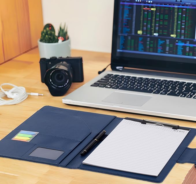 A4 Leather Portfolio Professional Organizer Padfolio,Interview Resume Folder with Magnetic Cover,Conference Document Organizer with Papers,Sticky Tabs,Pen,Work Folio for Women & Man,Retro Blue