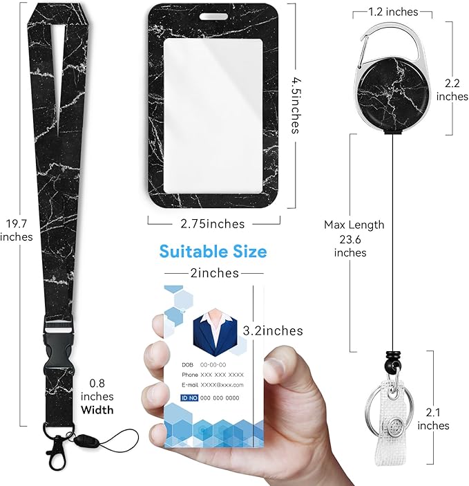 Black Marble Badge Holder with Retractable Reel and Breakaway Lanyard，Badge Clips Retractable Heavy Duty Badge Reel，Keychain，ID Holder with Breakaway Lanyard for School Nurse Office Teen…