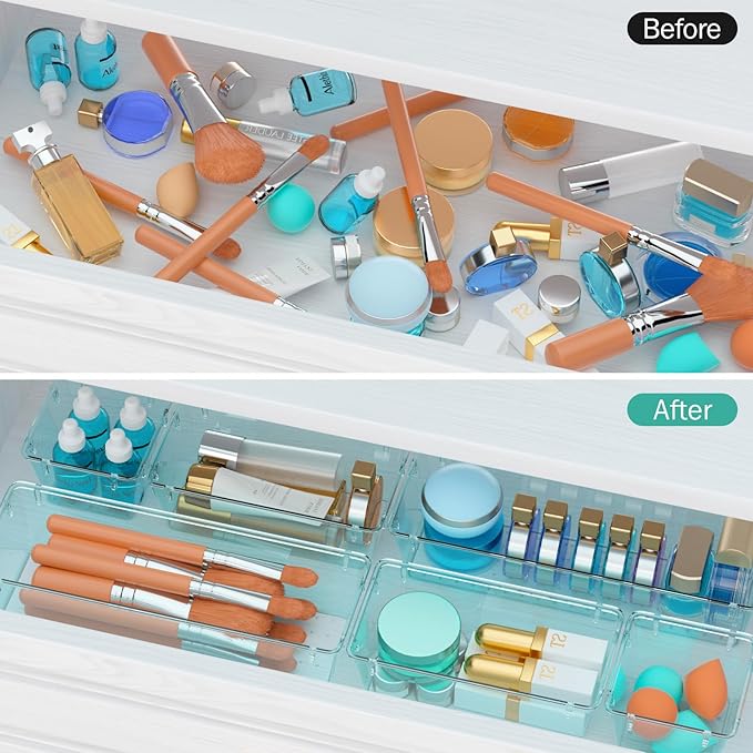 WOWBOX 12 Pack Clear Drawer Organizer Set, Acrylic Drawer Storage Trays, Storage Bins for Makeup, Cosmetics, Jewelries, Utensils, Gadgets, Office, Sea Blue