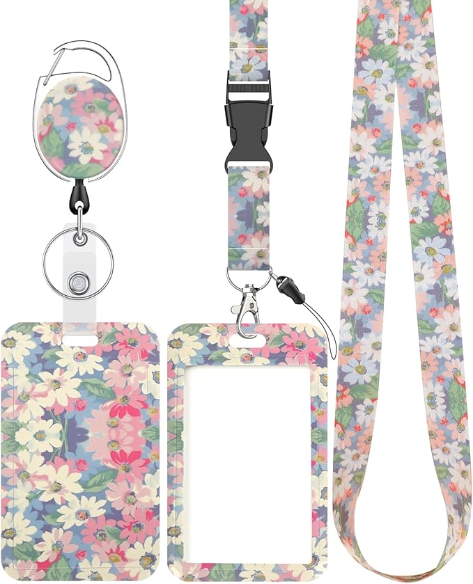Uniclife Floral Sliding Badge Holder Wild Flower Plastic Case with Retractable Badge Reel Carabiner Clip & Detachable Lanyard Strap Fashionable Vertical Card Protector for Women Teacher Student