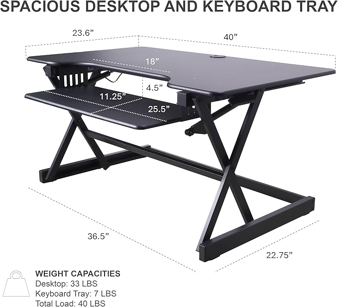 Rocelco 40" Height Adjustable Standing Desk Converter with AC Outlet USB Charger and Dual Monitor Stand - Tabletop Riser Computer Workstation - Sliding Keyboard Tray - Black (R DADRB-40-ACUSB-DMS)