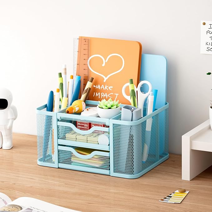 Marbrasse Mesh Desk Organizer, Pen Organizer with 2 Drawer, Multi-Functional Pencil Holder for Desk, Desk Organizers and Accessories with 5 Compartments + Drawer for Office Art Supplies (Blue)