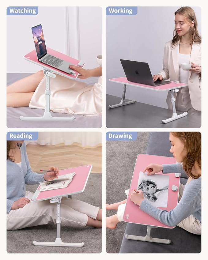 SAIJI Height & Angle Adjustable Laptop Stand, Lap Desk Bed Tray Table, Light Weight Foldable Portable Laptop Table for Couch, Sofa, Chair, Floor Desk for Adults, Kids (Pink)