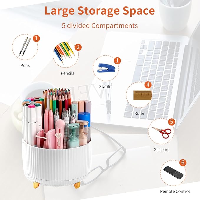 Desk Pen Holder, 5-Slot 360 Rotating Pencil & Pen Organizer - Desktop Storage Stationery Supplies Organizer, Cute Pencil Cup Pot for Office, School, Home, Art Supply, White