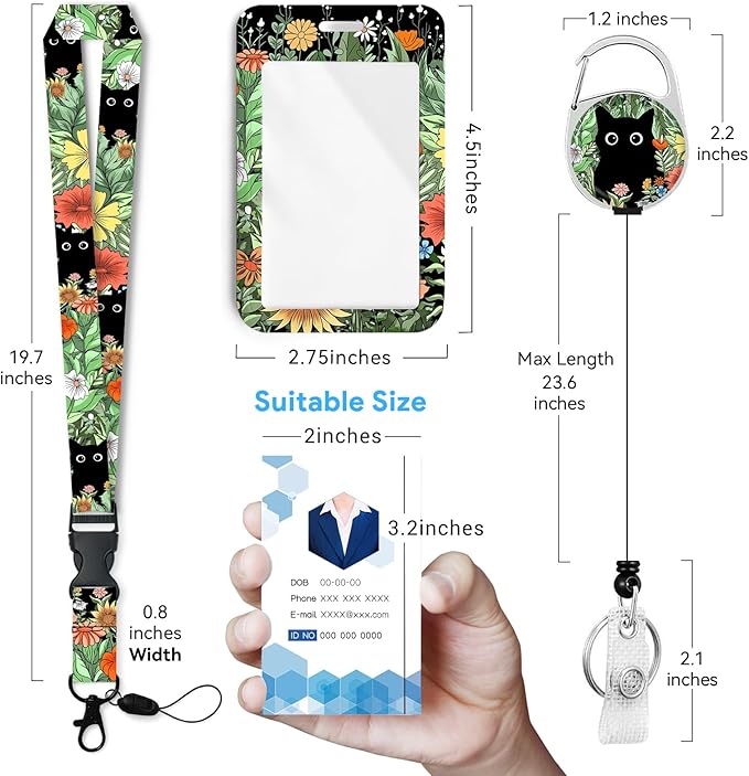 Cute Cat Hidden in The Flowers Badge Holder with Retractable Reel and Breakaway Lanyard，Badge Clips Retractable Heavy Duty Badge Reel，ID Holder with Breakaway Lanyard for School Nurse Office Teen ﻿2