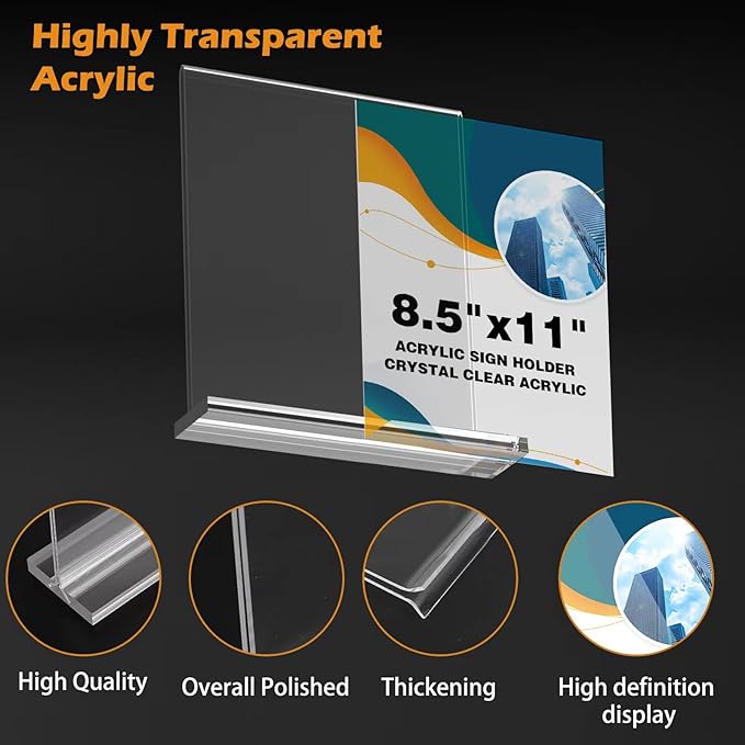 Acrylic Sign Holder 8.5 x 11 Clear Table Signs Stand, Double Sided T Shape Flyer Holder Plastic for Picture Paper Card Holder for Mall Office Home Store Restaurant