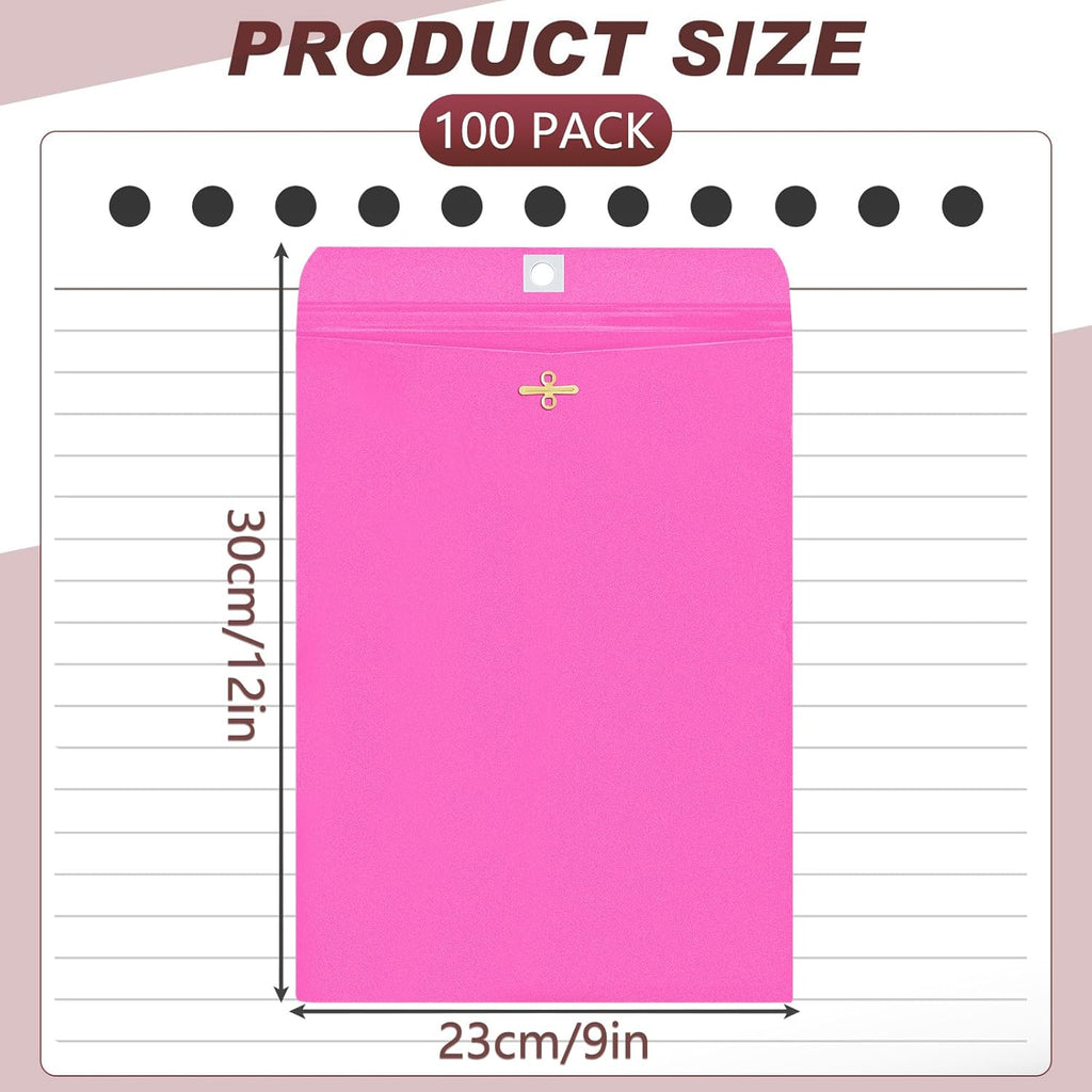 Geyee 100 Pcs Clasp Manilla Envelopes 9 x 12 Inch Gummed Colored Envelopes for Storing or Mailing for Home Office Business Supplies(Rose Pink)