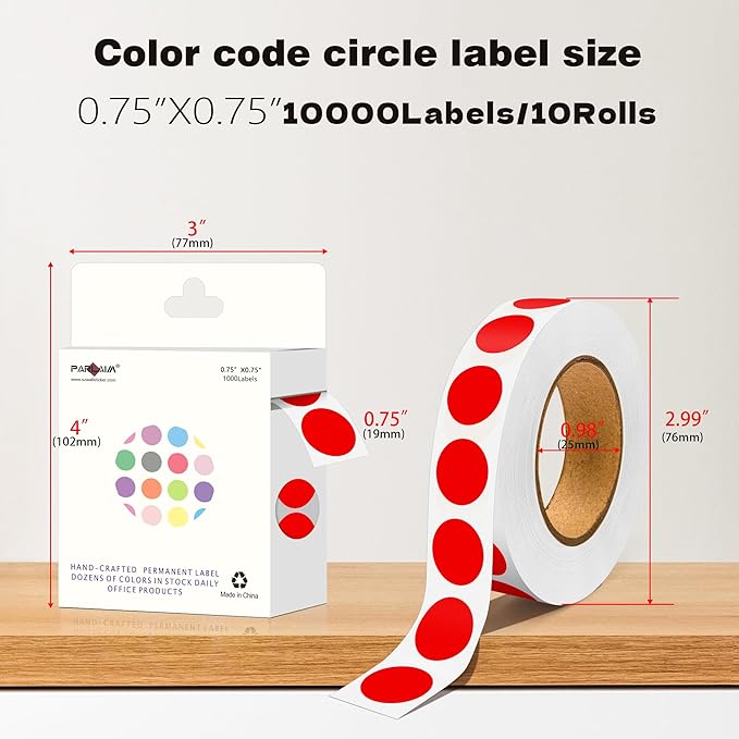 PARLAIM 10 Rolls 3/4" Dot Stickers, 10000 Pack Round Color-Code Circle Labels, Red Sticker for Color Coding