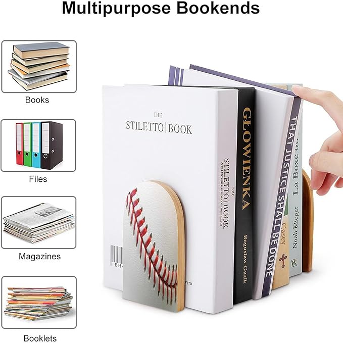 2 Pack Wood Bookends, Sport Ball Baseball Lace Non-Skid Book Ends for Heave Books, Decorative Bookends for Shelves Desk, Book Stoppers Book Holders for Home Office Library School