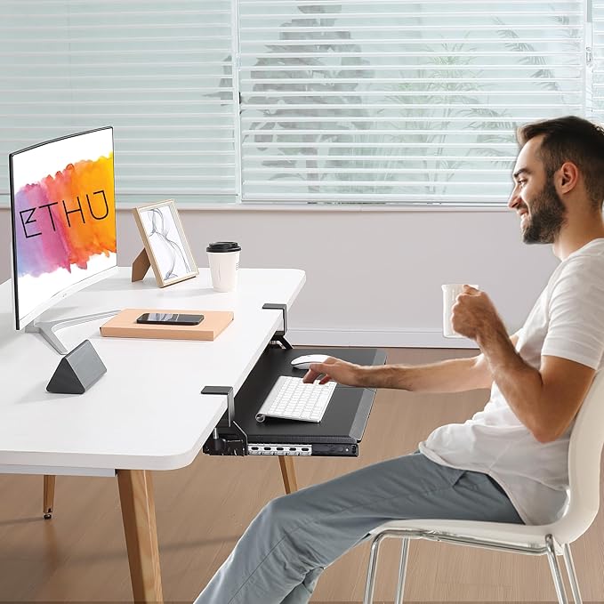 ETHU Keyboard Tray Under Desk, Pull Out Keyboard & Mouse Tray with C-clamp, Ergonomic Desk Keyboard Tray Slide Out, Pull Out Platform Drawer for Home and Office（Black）