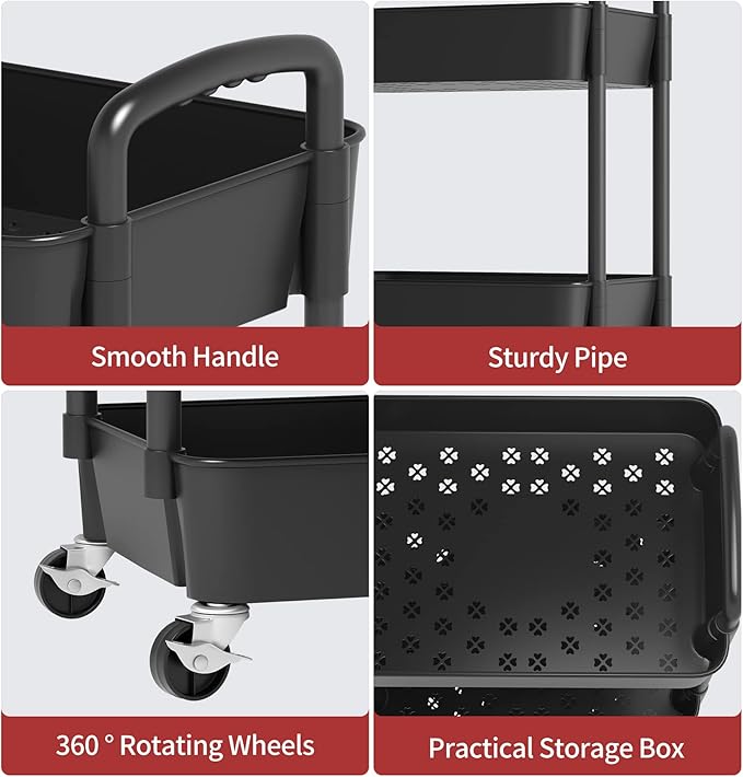 Sywhitta 4-Tier Plastic Rolling Utility Cart with Handle, Multi-Functional Storage Trolley for Office, Living Room, Kitchen, Movable Storage Organizer with Wheels, Black