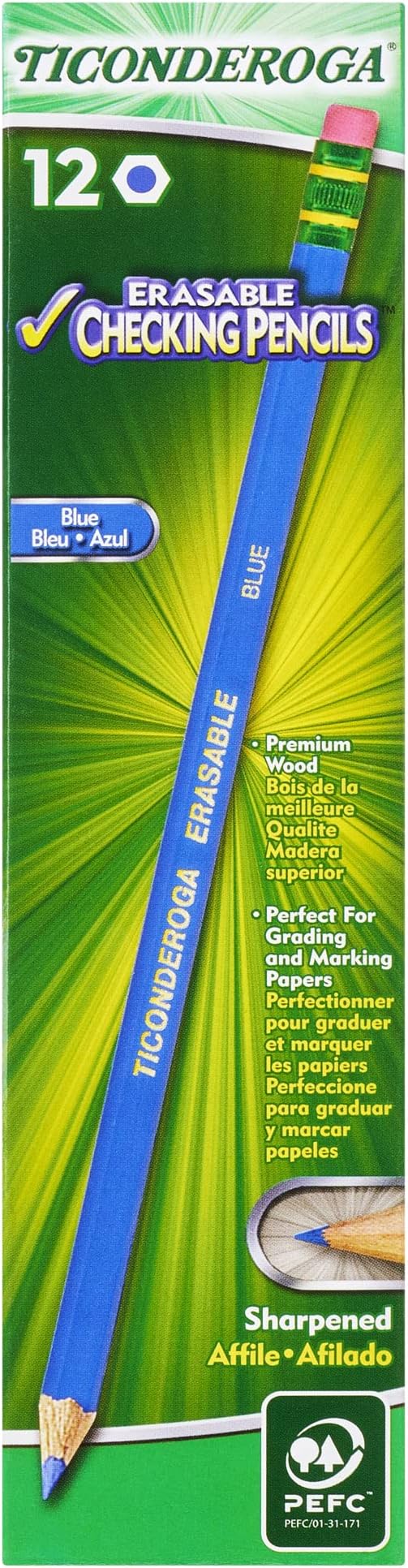 Ticonderoga Erasable Checking Pencils with Eraser, Pre-sharpened, Red, 12-Pack (14259) & Erasable Checking Wood-Cased Pencils, Pre-Sharpened, Blue, 12 Count
