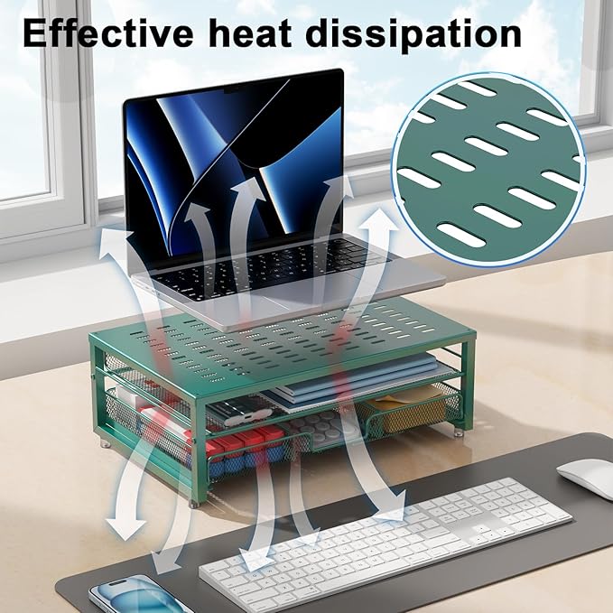 gianotter Computer Monitor Stand Riser, office organizer with Drawer, Office Organizers Storage for Classroom Office Supplies (Dark Green)