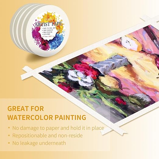 4 Packs White Artist Tape for Watercolor Paper Drafting Art Low Tack Masking Tape Acid Free Painter Watercolor Tape for Painting Canvas Framing, 0.6inch Wide 660FT Long Total