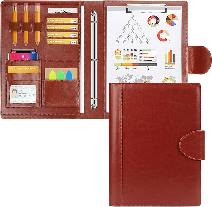 Toplive Portfolio 3 Ring Binder Padfolio Folder, Business Interview Resume Portfolio for Women Men A4/Letter Size Document Organizer with Clipboard Receipt Sleeve Card Holder, Brown