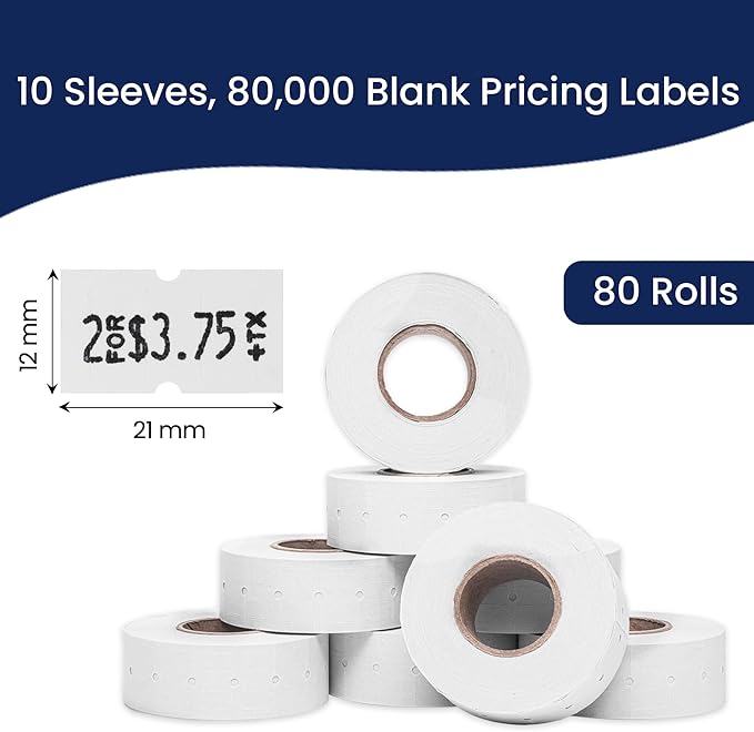 Perco 1 Line White Labels - 80 Rolls, 10 Sleeves, 80,000 Blank Price and Date Gun Labels for Perco 1 Line Price and Date Guns - Made in USA