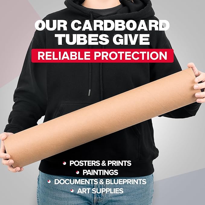 4" x 24" Reinforced Kraft Paper Mailing Tubes, Pack of 6 Tubes with 2 Caps Each – USPS Approved Poster Tube – Made in USA Cardboard Tube for Shipping and Storing Posters, Prints, Artwork, or Documents