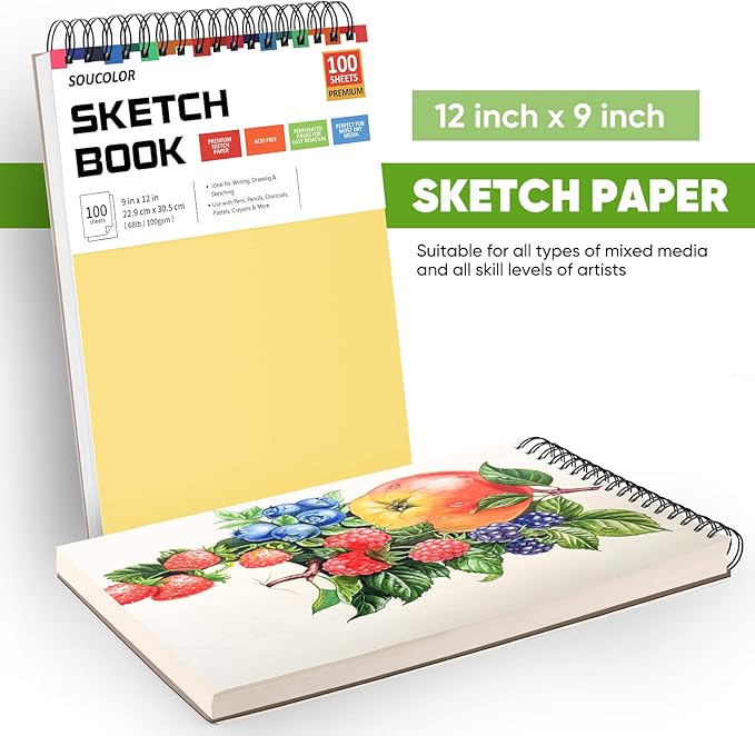 College Graduation Gifts, Easter Basket Stuffers for Teens, Nursing Student Essentials, Teacher Appreciation Gifts, Soucolor 9" x 12" Yellow Sketch Book, 1-Pack 100 Sheets Spiral Bound Drawing Paper