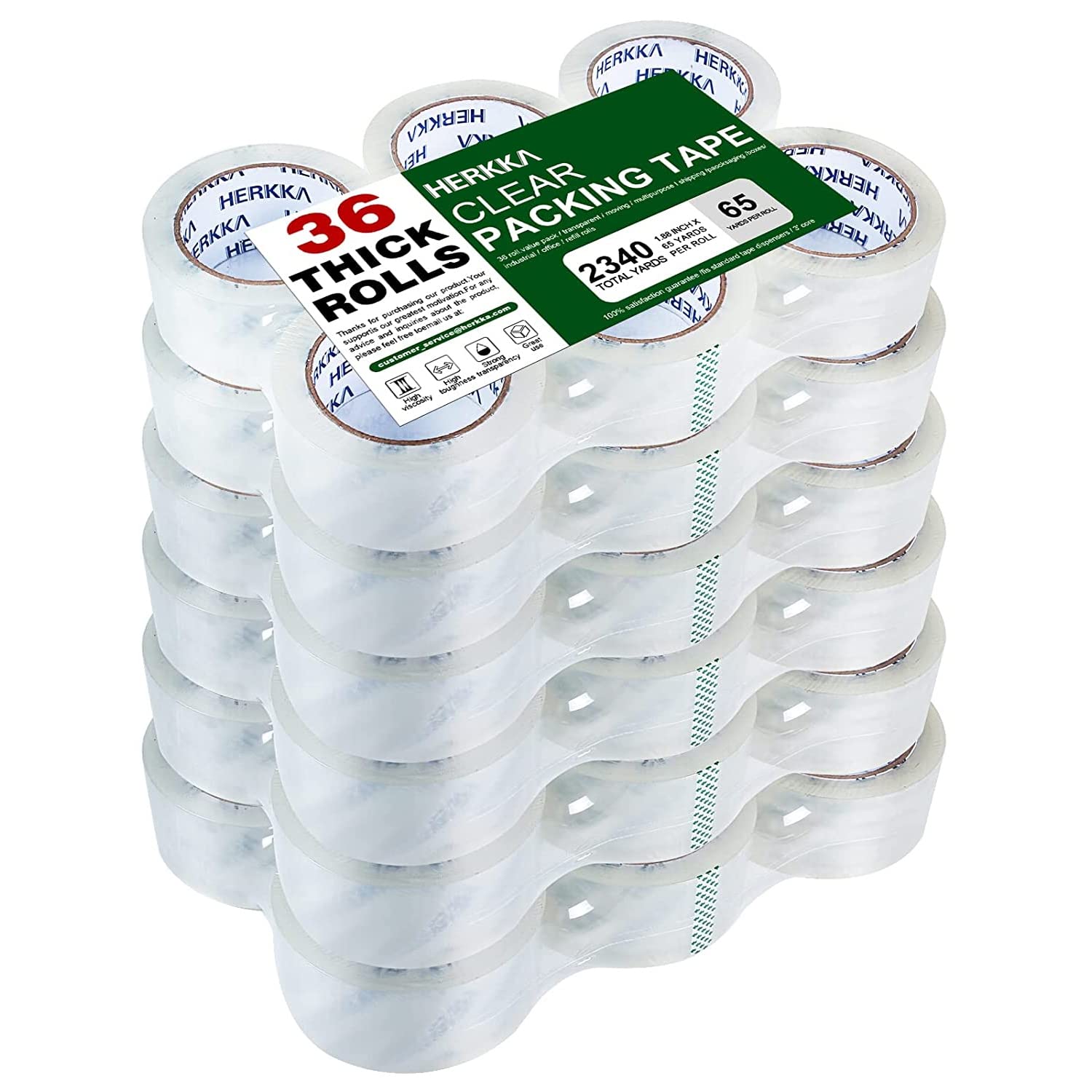 HERKKA Clear Packing Tape, 36 Rolls Heavy Duty Packaging Tape for Shipping Packaging Moving Sealing, Thicker Clear Packing Tape, 1.88 inches Wide, 65 Yards Per Roll, 2340 Total Yards