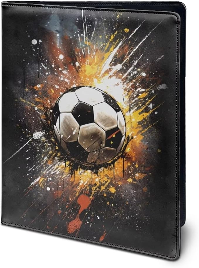 Cozeyat 3D Football Print Padfolio for Men Black Leather Portfolio Folder for Documents, Writing Pad for Business School Office Conference Notepad Clip Boards