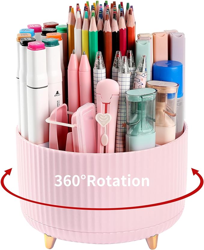 Desk Pencil Pen Holder, 5 Slots 360°Degree Rotating Organizers for Desk, Desktop Storage Stationery Supplies Organizer, Cute Cup Pot Office, School, Home, Art Supply, Pink