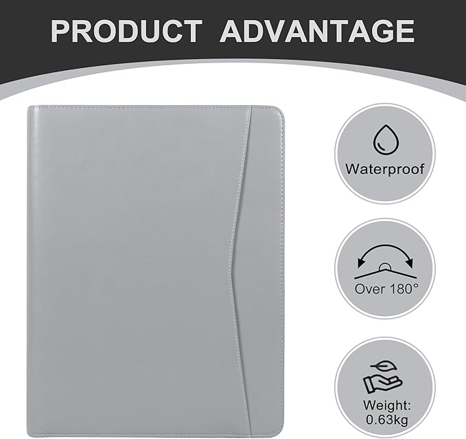 Personalized Leather Portfolio with Zipper, Professional Business Padfolio with A4/US Letter Writing Pad holder For Interview, Resume folder for Men and Women, Gray