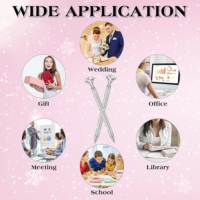 Jeyiour 6 Pcs Big Diamond Pens with Crystal Bling Rhinestone Metal Glitter Diamond Ballpoint Black Ink Pens Wedding Bridal Shower Favors for Birthday Gift Supplies(Silver)