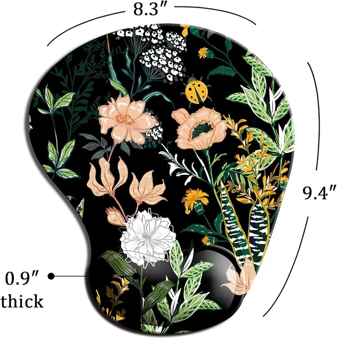 Dooke Ergonomic Mouse Pad with Wrist Support, Cute Mouse Pads with Non-Slip PU Base for Home Office Working Studying Easy Typing & Pain Relief Black Floral