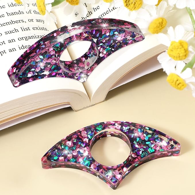 Rhinestones Book Page Holder, Glitter Crystal Thumb Book Holder, Sector Resin Book Opener Handmade Thumb Bookmarks Reading Accessories for Birthday Party Wedding Gifts(Purple Green)