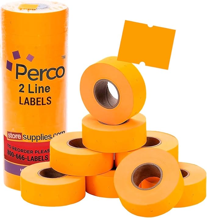 Perco 2 Line Fluorescent Orange Labels - 8 Rolls, 1 Sleeve, 6,000 Blank Price and Date Gun Labels for Perco 2 Line Price and Date Guns - Made in USA