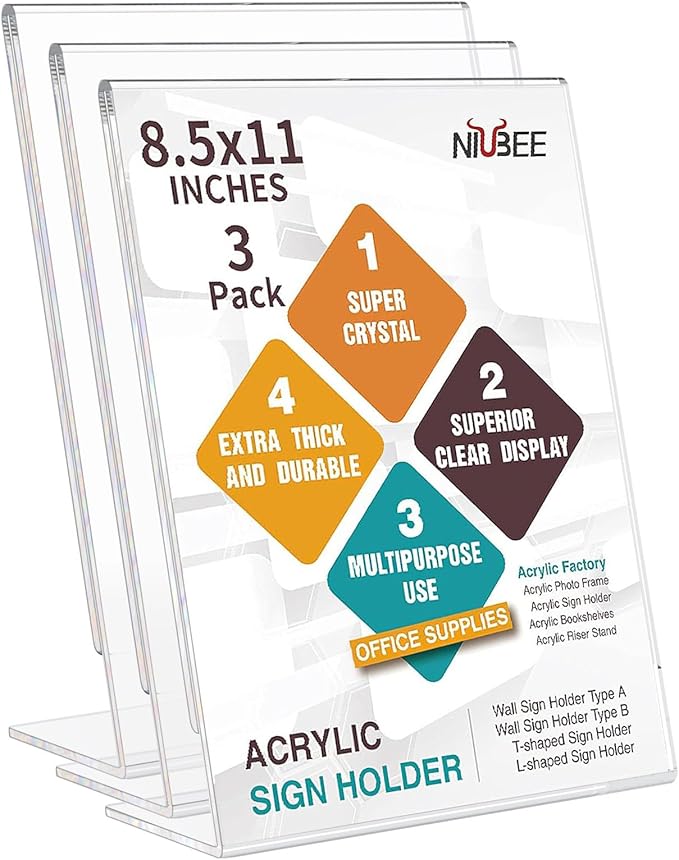 NIUBEE Slanted Back Acrylic Sign Holder 8.5 x 11 Inches, Clear Plastic Sign Holder Paper Display Table Stand for Office, Store, Restaurant (3 Pack)