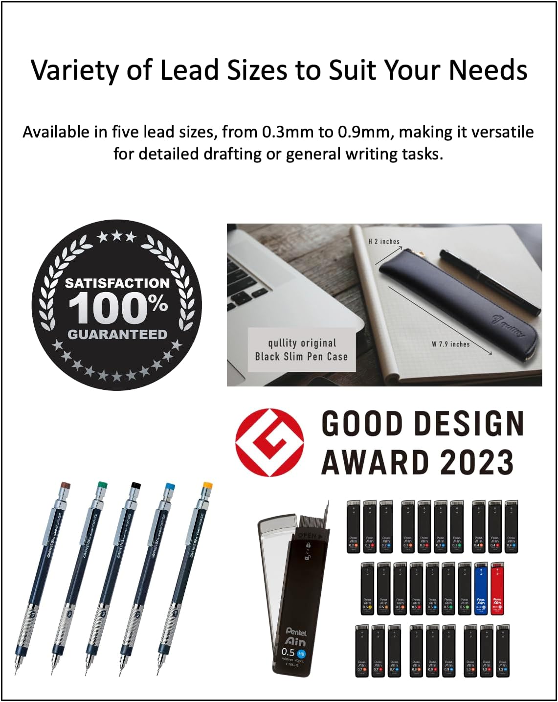 Graphlet Mechanical Drafting Pencil + Ain HB/B/2B leads, original Black slim pen case (0.5mm)