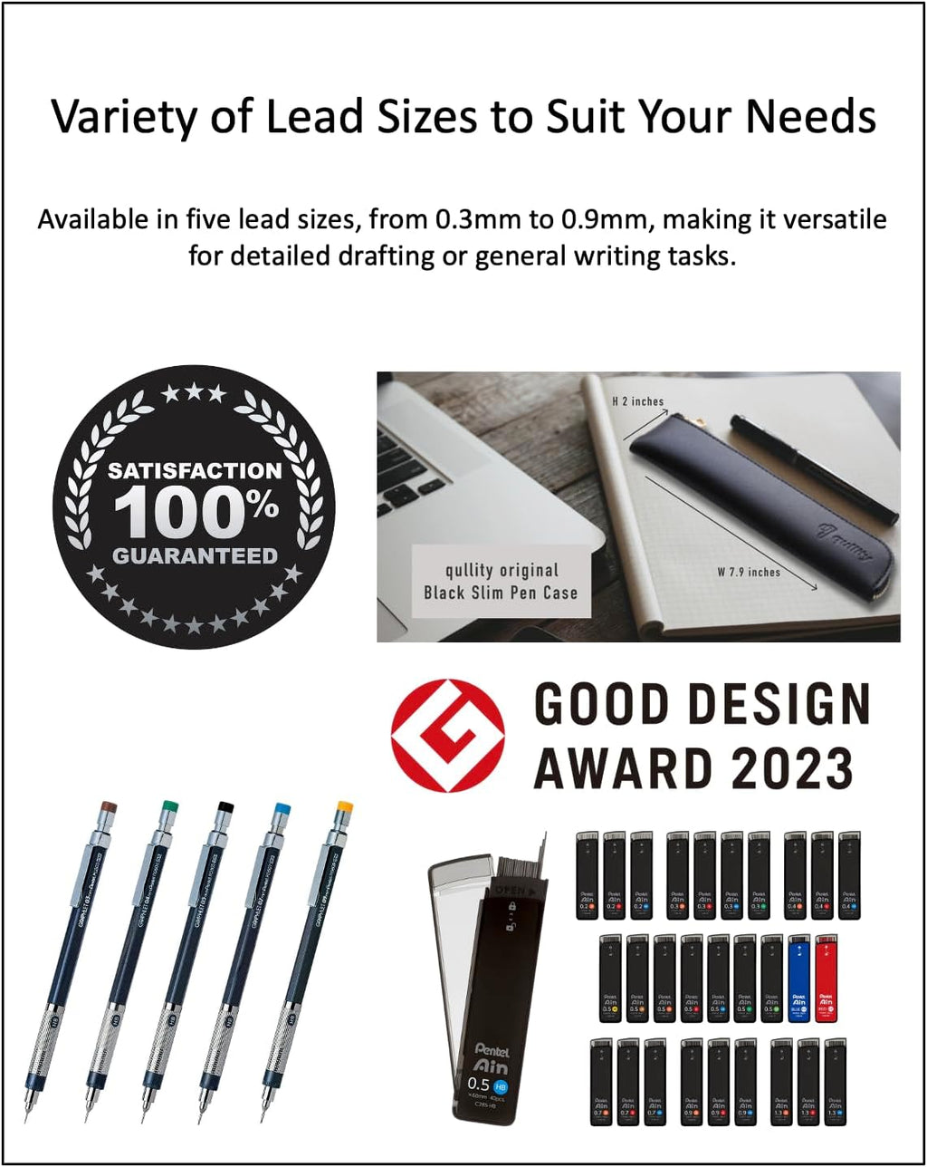 Graphlet Mechanical Drafting Pencil + Ain HB/B/2B leads, original Black slim pen case (0.3mm)