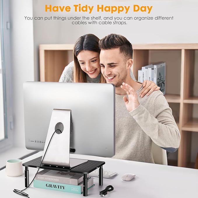 Computer Monitor Stand Riser for Desk, 3 Height Adjustable Pc Laptop Tv Desktop Monitor Stand Riser with Cable Straps, Metal Shelf Holder, Screen Floor Stand Riser for Desk, Floor, Carpet