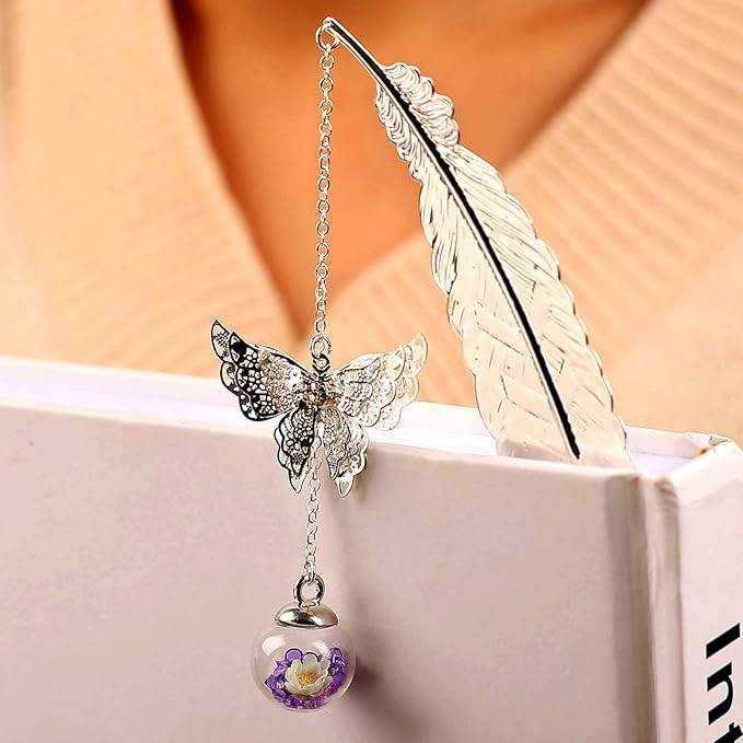 Toirxarn Silver Feather Bookmark with Butterfly Charm - Elegant Bookmarks for Women, Book Lovers Gifts, Book Marker for Reading, Teacher Appreciation Gifts, Unique Birthday Gifts, Stocking Stuffers