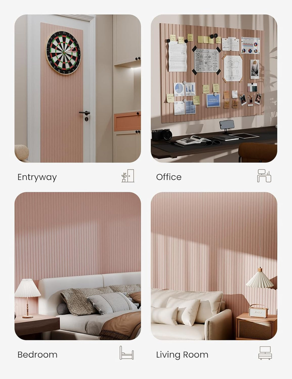 Bumusty Large Cork Board Alternative-47 x35 Felt Bulletin Board Tiles, with 30 Pushpins, 70 Adhesive Tabs, 12-Pack Slat Wall Paneling, Cork Boards for Office Push Pin Board Felt Board-Coral