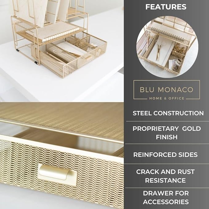 BLU MONACO Gold Desk Accessories and Workspace, Desktop Organizer - Cute File Organizer for Desk and Drawer Storage for Office Supplies, Paper, Device and Folders - File Holder