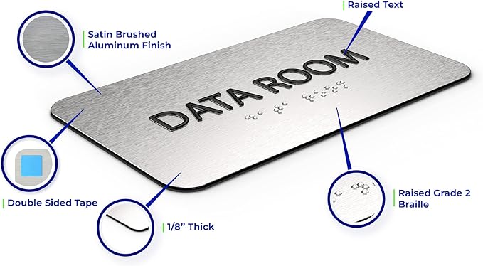 Data Room Sign for Business - Office Signs, Aluminum Brushed Silver, Tamper-Proof, Heavy Duty Mounting Tape, Easy Install, Office Décor, ADA Compliant, Grade 2 Braille (7” W x 4” H) ADASigns.org