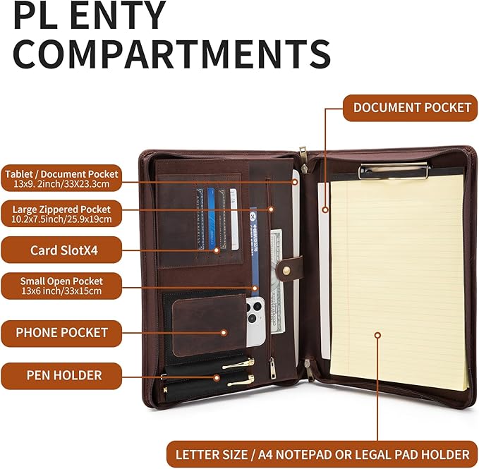 Handmade Vintage Crazy Horse Leather Portfolio Letter (A4) Size Notepad,Business Organizer Padfolio with Handle, for iPad Pro/Microsoft Surface Pro/13 inch Tablet (Non-Custom, Dark Brown)