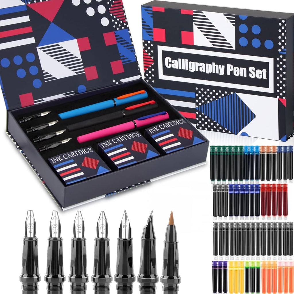 Calligraphy Pen Set,Fountain Pens with 7 Different Replaceable Nibs with 60 Ink Cartridges(12 Colors),Calligraphy Set for Beginner Writing Drawing