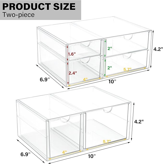 Prsildan Acrylic Drawer Makeup Organizer with 6 Drawers, Set of 2 Office Desk Organizers Accessories, Clear Stackable Storage Drawers for Vanity, Countertop, Craft, Jewelry, Art Supply Organization