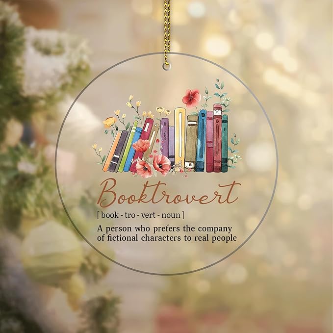 HYTURTLE Funny Book Gifts for Book Lovers Librarian - Book Christmas Ornament Tree Hanging Decoration - Book Lover Gifts - Book Gifts for Women Men - Booktrovert Xmas Acrylic Ornament Decor Keepsake