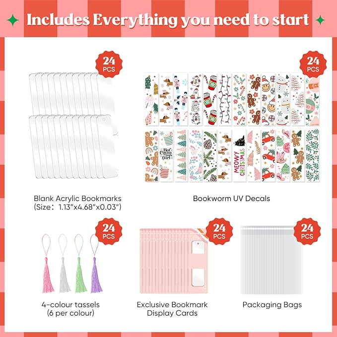 48PCS Bookmark Making Kit, 24 Acrylic Bookmark Blanks with 24Pcs Tassels, 24UV Stickers about Christmas Theme, DIY Blank Bookmarks Waterproof UV DTF Transfers Stickers for Clear Bookmarks DIY Projects