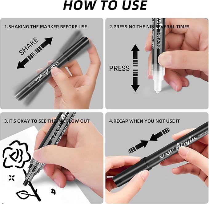 SFAIH Black Paint Markers Paint Pens - 4 Pack 2-3MM Medium Tip Acrylic Markers for Rock Painting, Wood, Metal, Fabric, Plastic, Canvas, Glass, Ceramic, Diy Crafts, Drawing, Tire