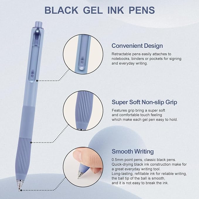 Linbsunne Gel Pens Black Ink Pens for Office 0.5mm Fine Point Pens Smooth Writing Retractable Work Pen (12-count)